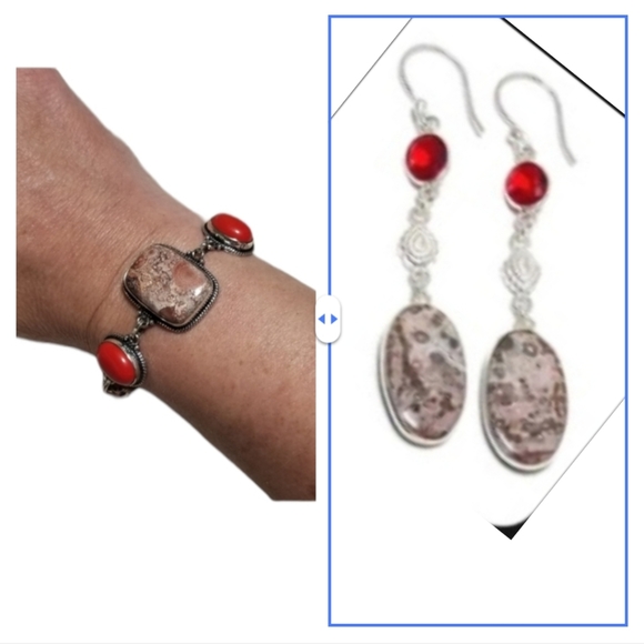 🎖Sterling Natural Jasper Gemstone Ethnic Bracelet & Earrings 🩰 🤗 - Picture 7 of 11